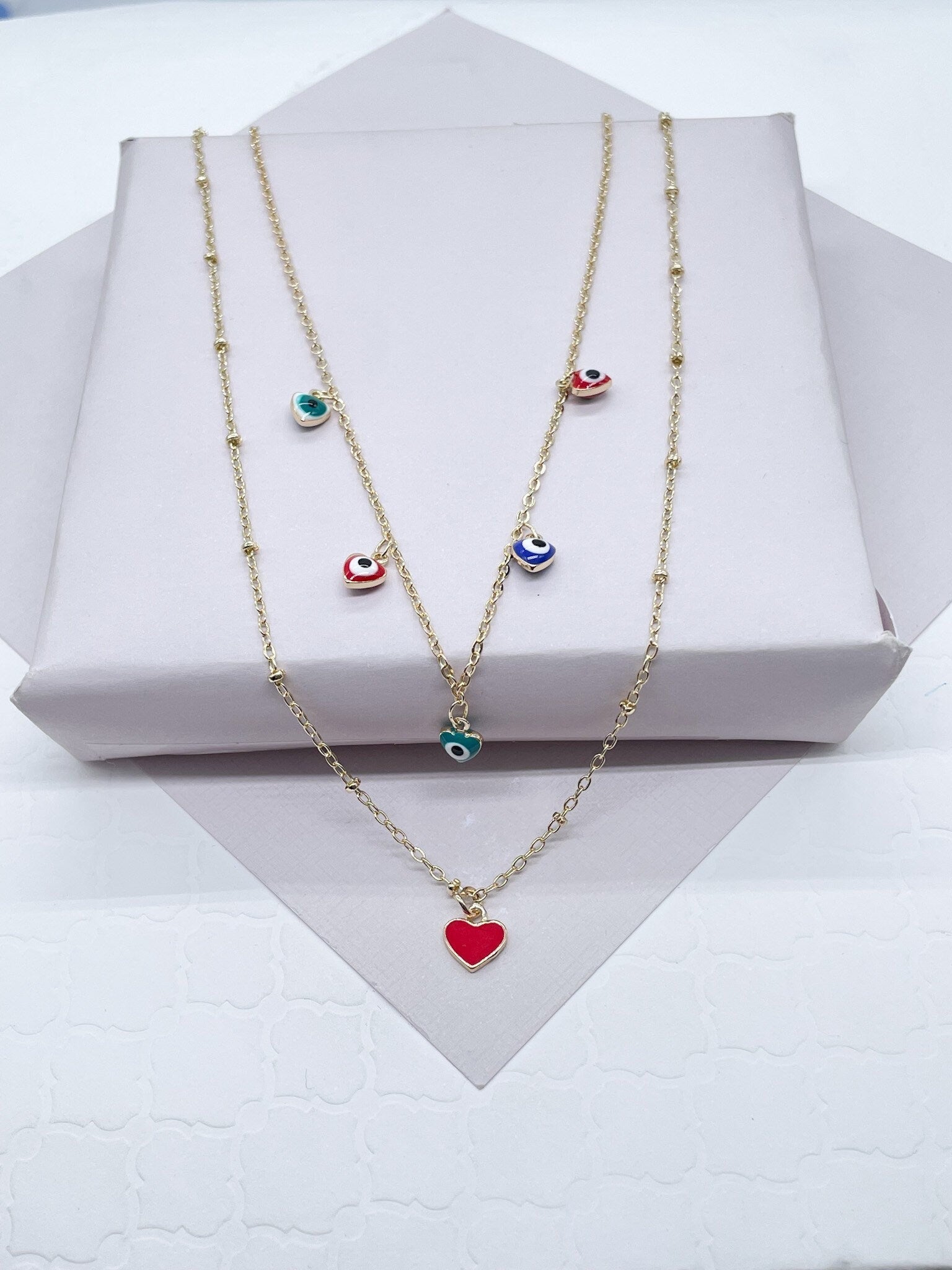 18k Gold Filled Layered Thin Satellite Chain Necklaces with 5 Colorful Evil Eyes
