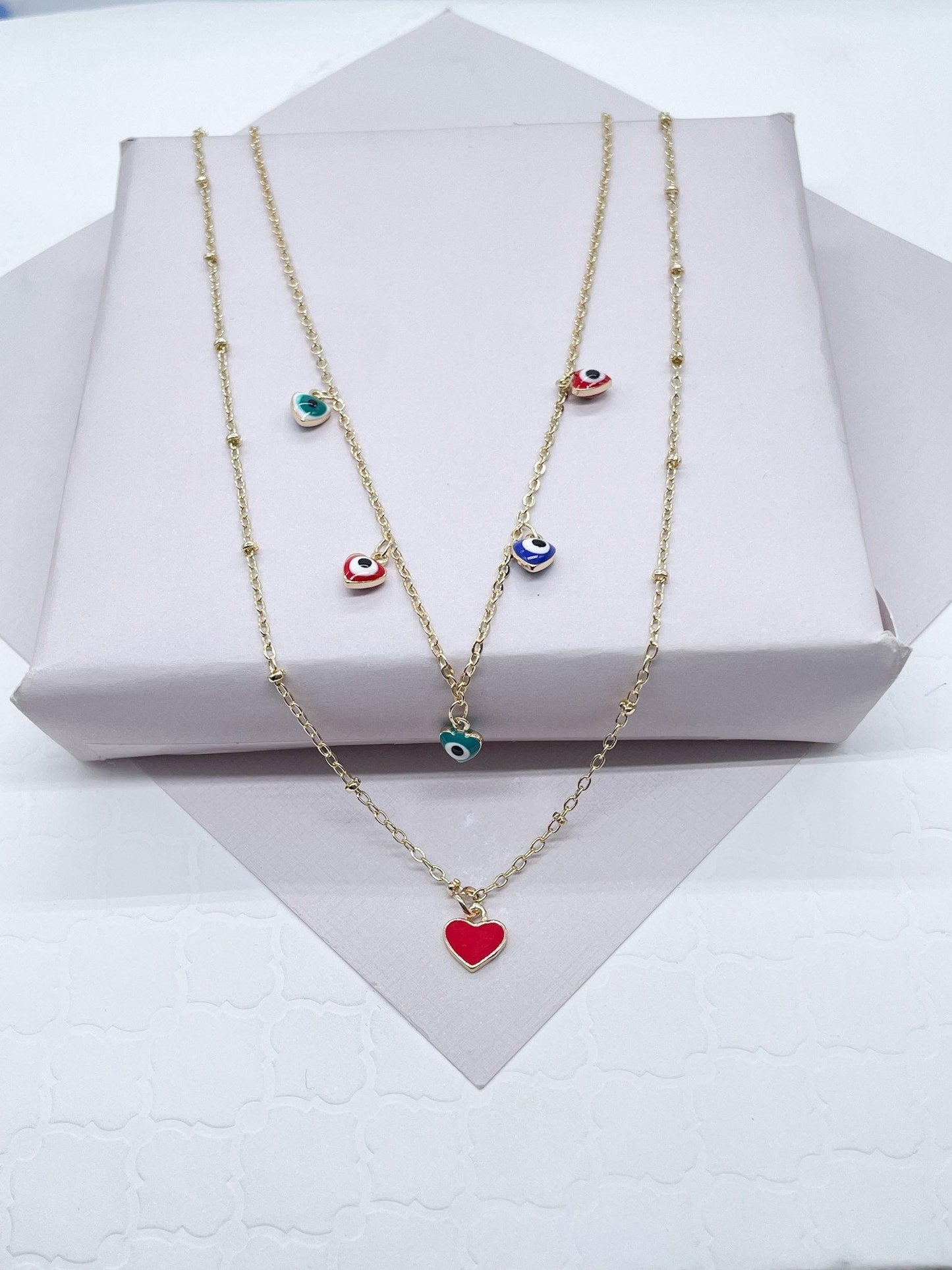 Gold Filled Layered Necklace: Evil Eye & Red Enamel Heart Charm