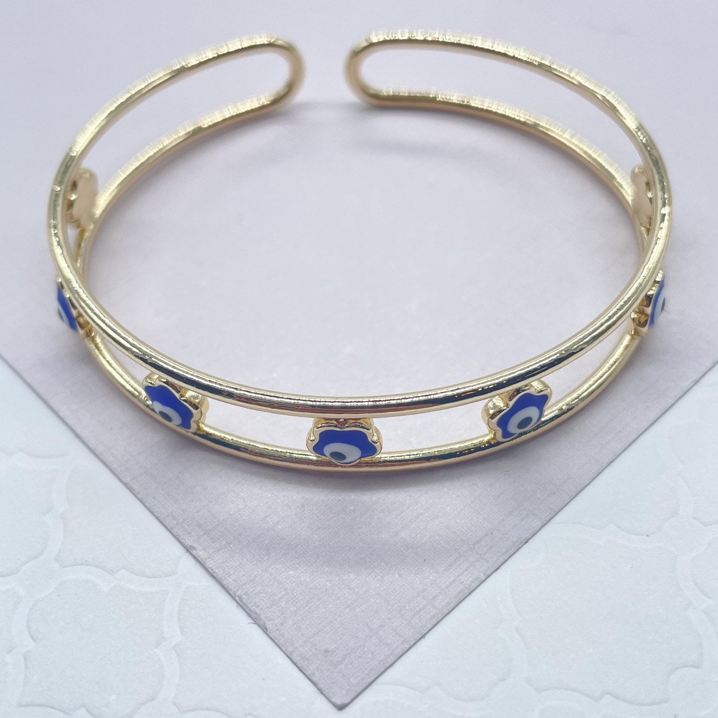 18k Gold Filled Colorful Evil Eye Cuff Bracelets Featuring Flower, Heart or Round Shape, Protection Jewelry
