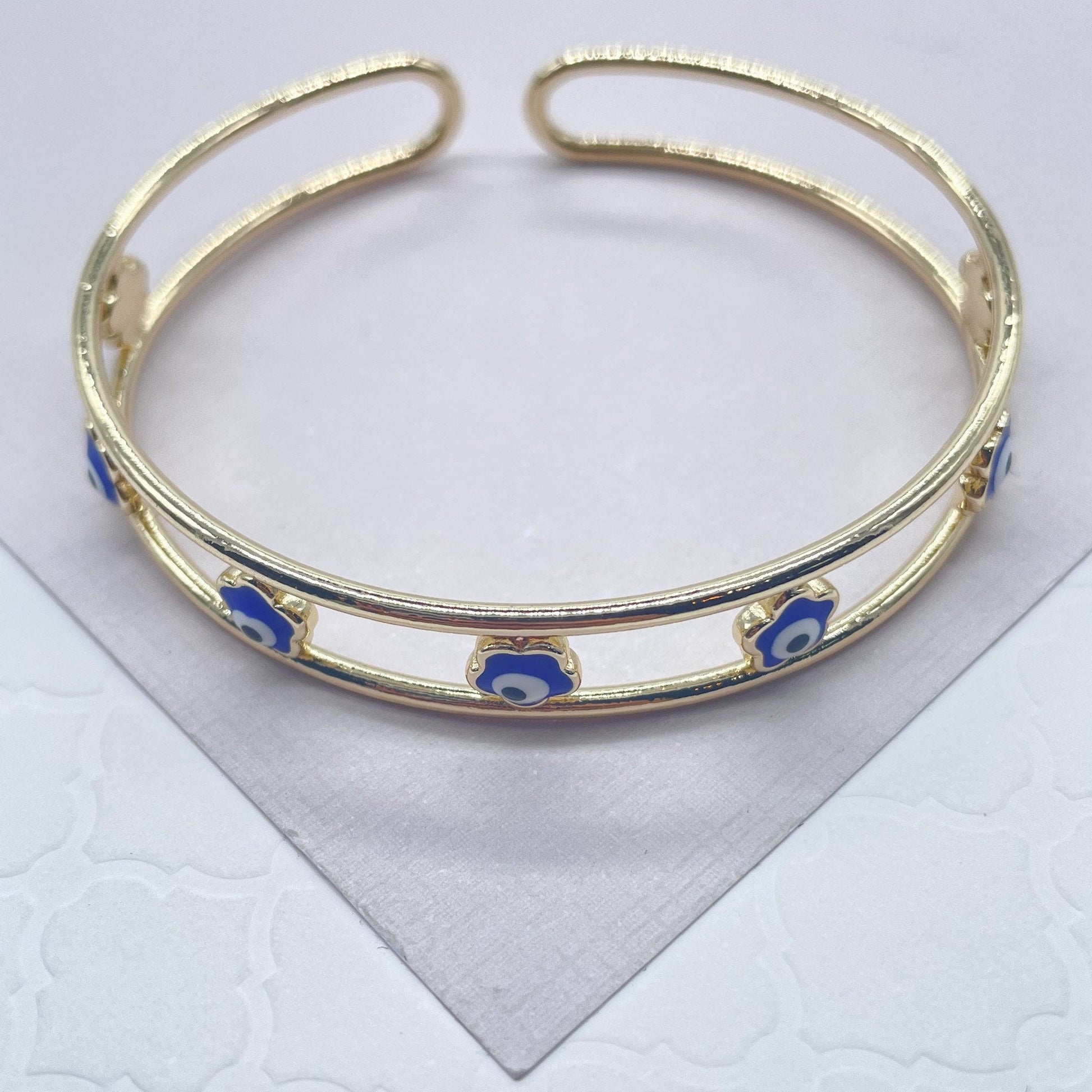 18k Gold Filled Colorful Evil Eye Cuff Bracelets Featuring Flower, Heart or Round Shape, Protection Jewelry