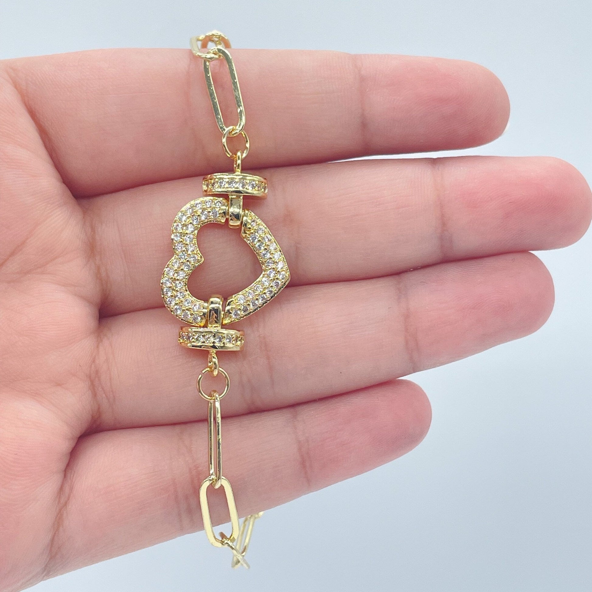 18k Gold Filled Paper Clip Link Bracelet Featuring Micro Pave Cubic Zirconia Heart Charm With CZ Connectors Jewelry