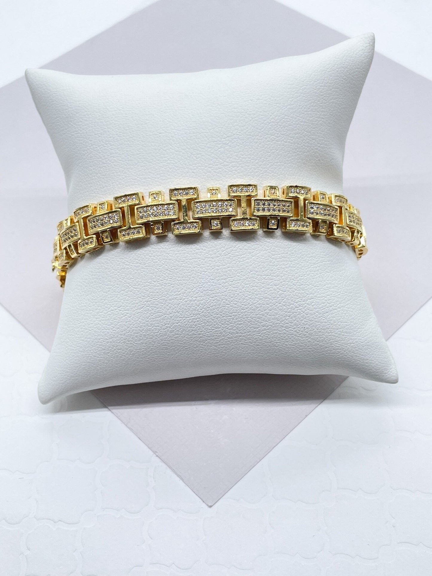 9mm Hip Hop Iced 18k Gold Filled Micro Pave Clear Cubic Zirconia Vintage Link Men’s Bracelet Jewelry