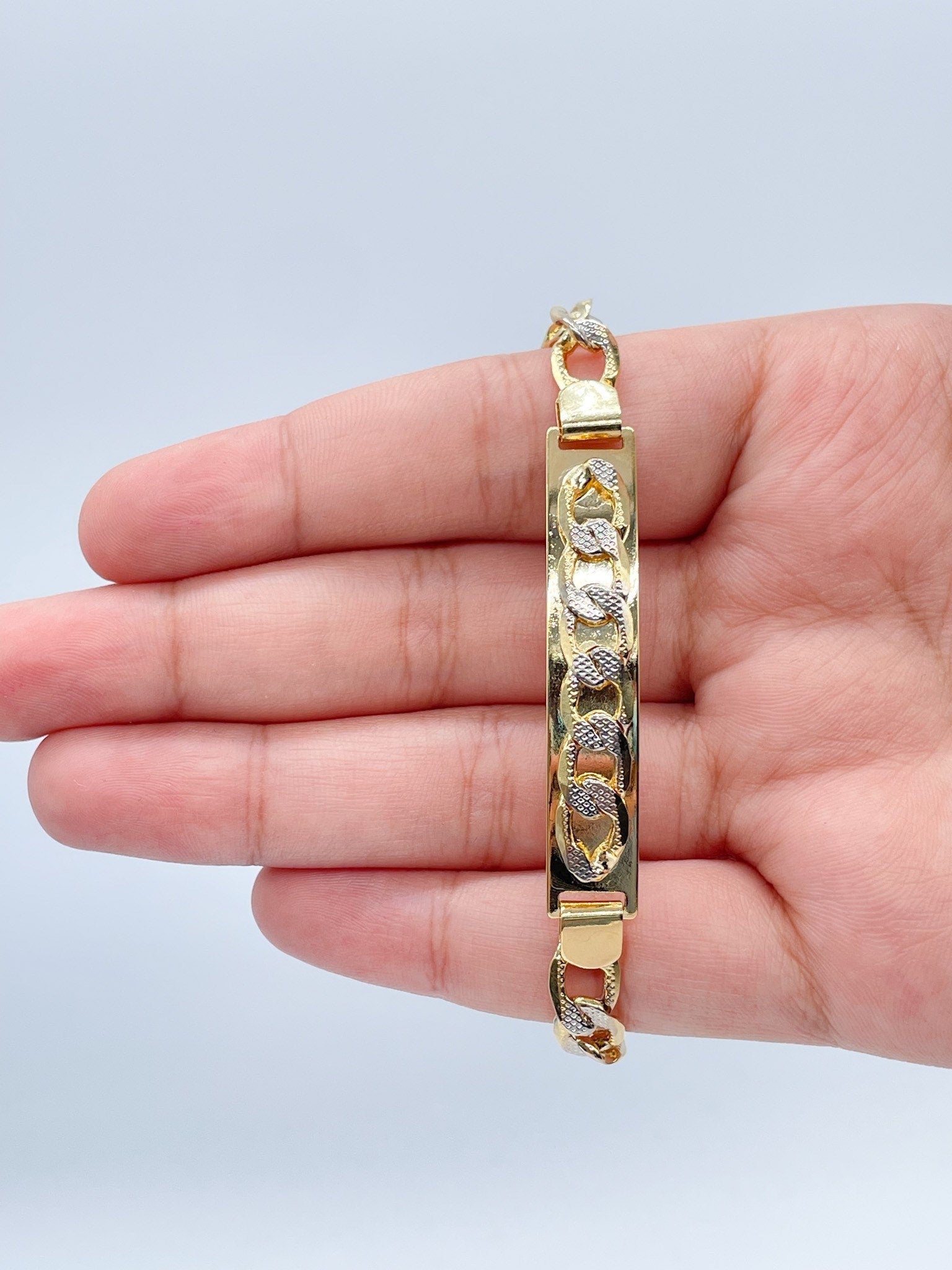 9mm 18k Gold Filled Two Tone Unisex ID Bracelet Featuring Curb Chain Detail