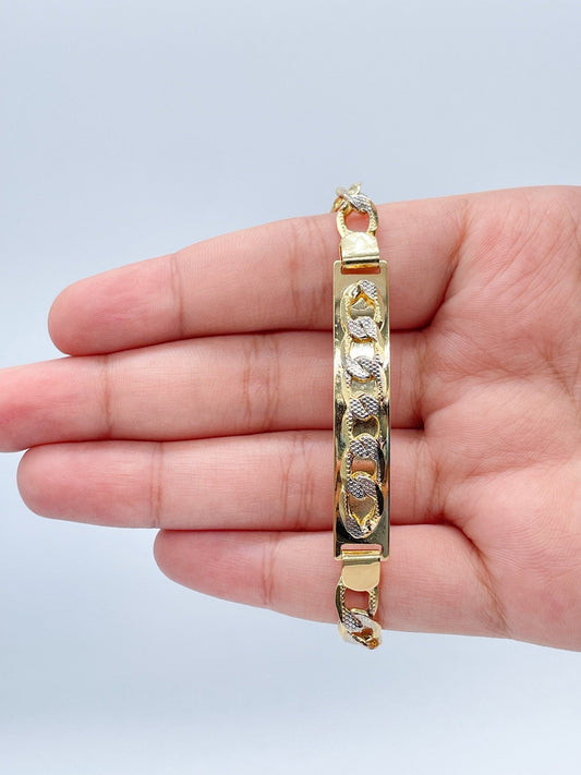 9mm 18k Gold Filled Two Tone Unisex ID Bracelet Featuring Curb Chain Detail