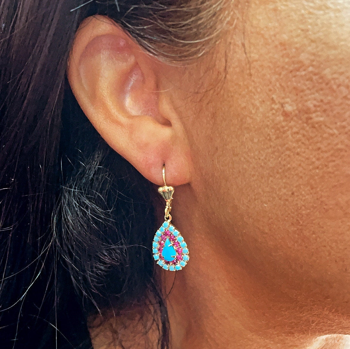 Drop Shape 18k Gold Filled Dangling Earrings Simulated Turquoise Surrounded by