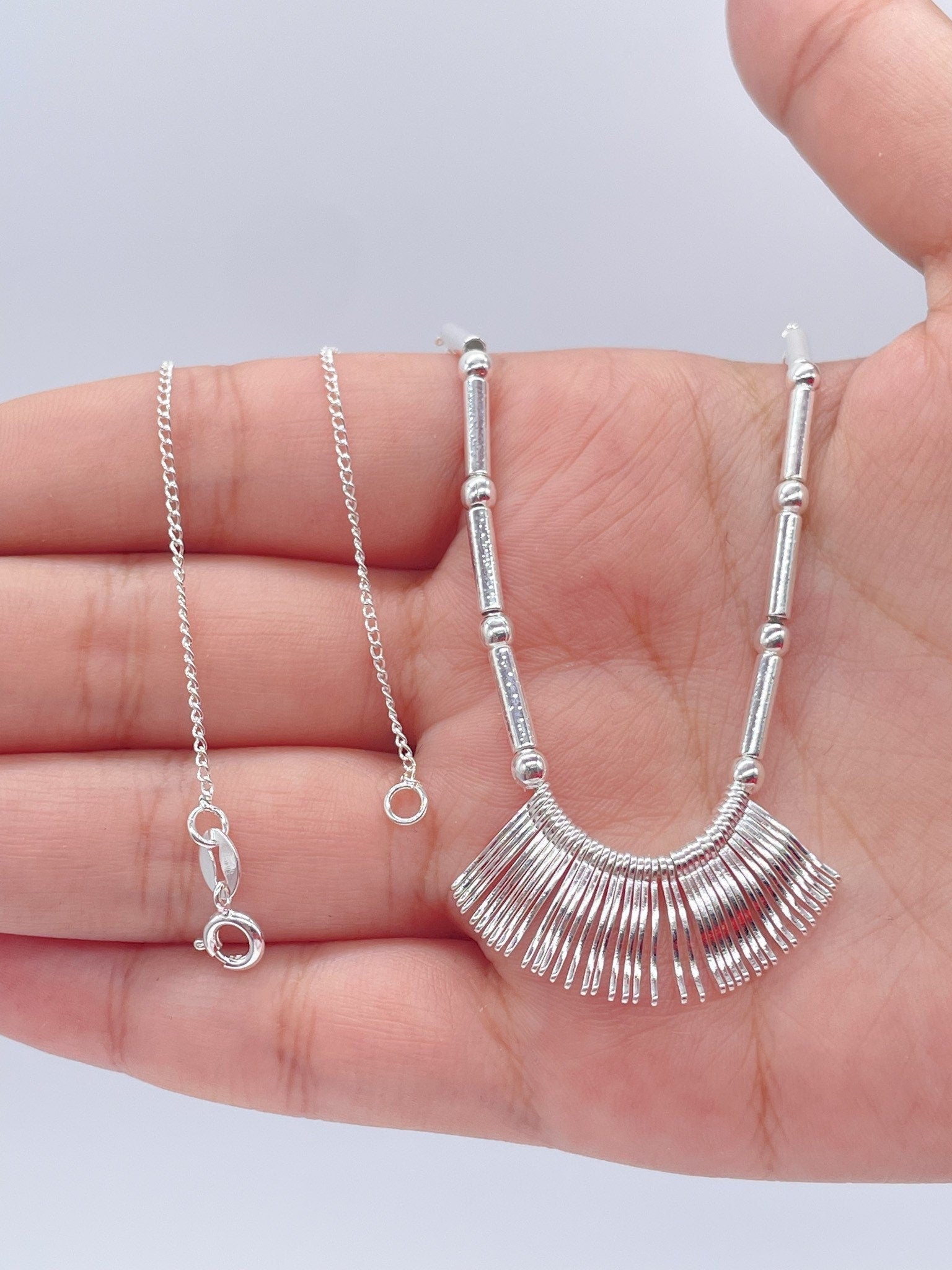 Silver Filled Fringe Necklace Featuring Tubes And Beads For Complete Boho