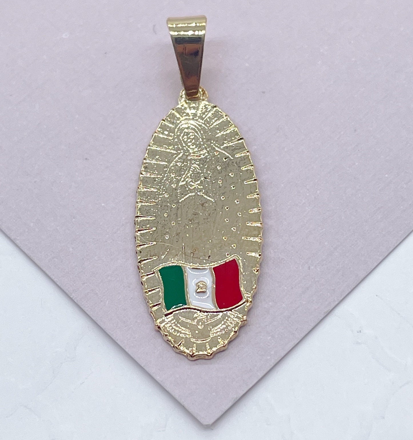 18k Gold Filled Oval Shaped Our Lady of Guadalupe Pendant Featuring Mexican Flag Supplies