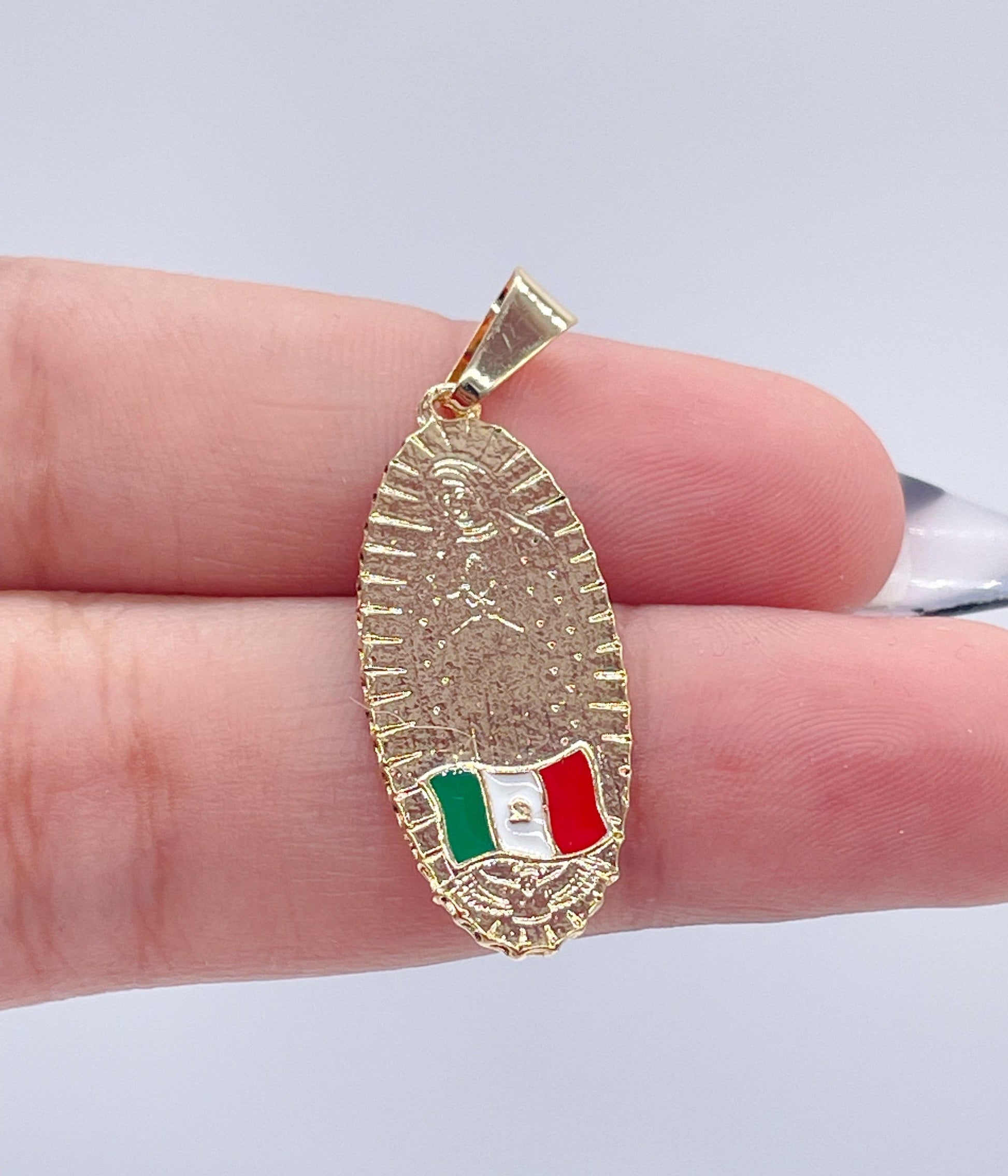 18k Gold Filled Oval Shaped Our Lady of Guadalupe Pendant Featuring Mexican Flag Supplies