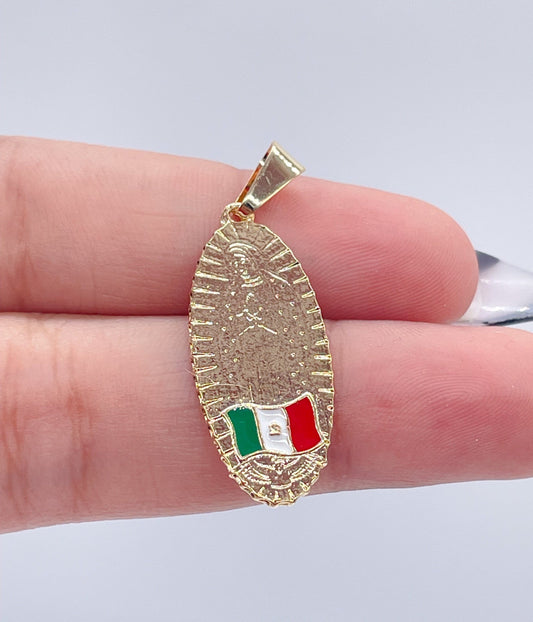18k Gold Filled Oval Shaped Our Lady of Guadalupe Pendant Featuring Mexican Flag Supplies