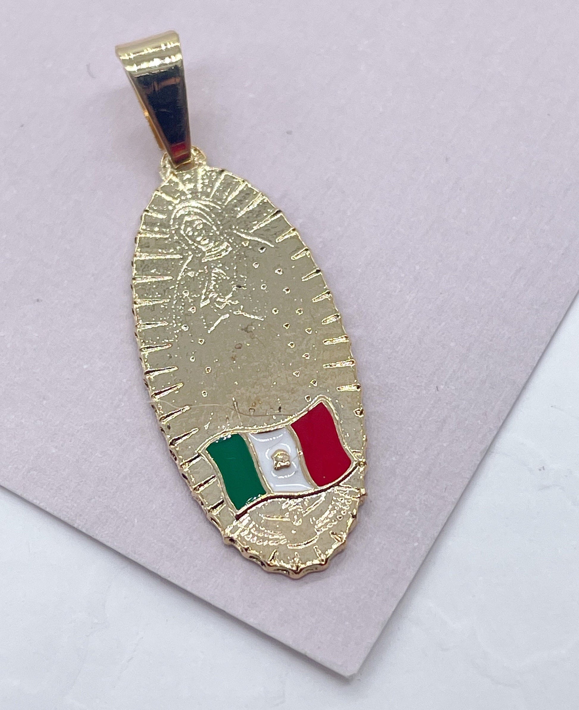 18k Gold Filled Oval Shaped Our Lady of Guadalupe Pendant Featuring Mexican Flag Supplies