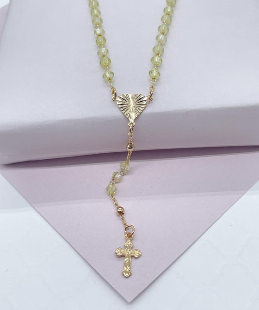 18k Gold Filled Beaded Necklace Featuring Center Sun Rays Textured Heart And