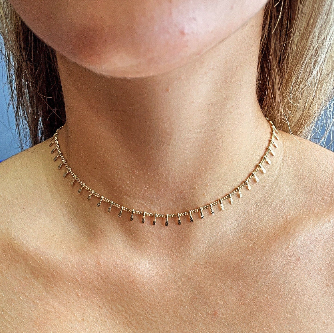 18k Gold Filled Fringe Choker Necklace: Bohemian Dangle Chain