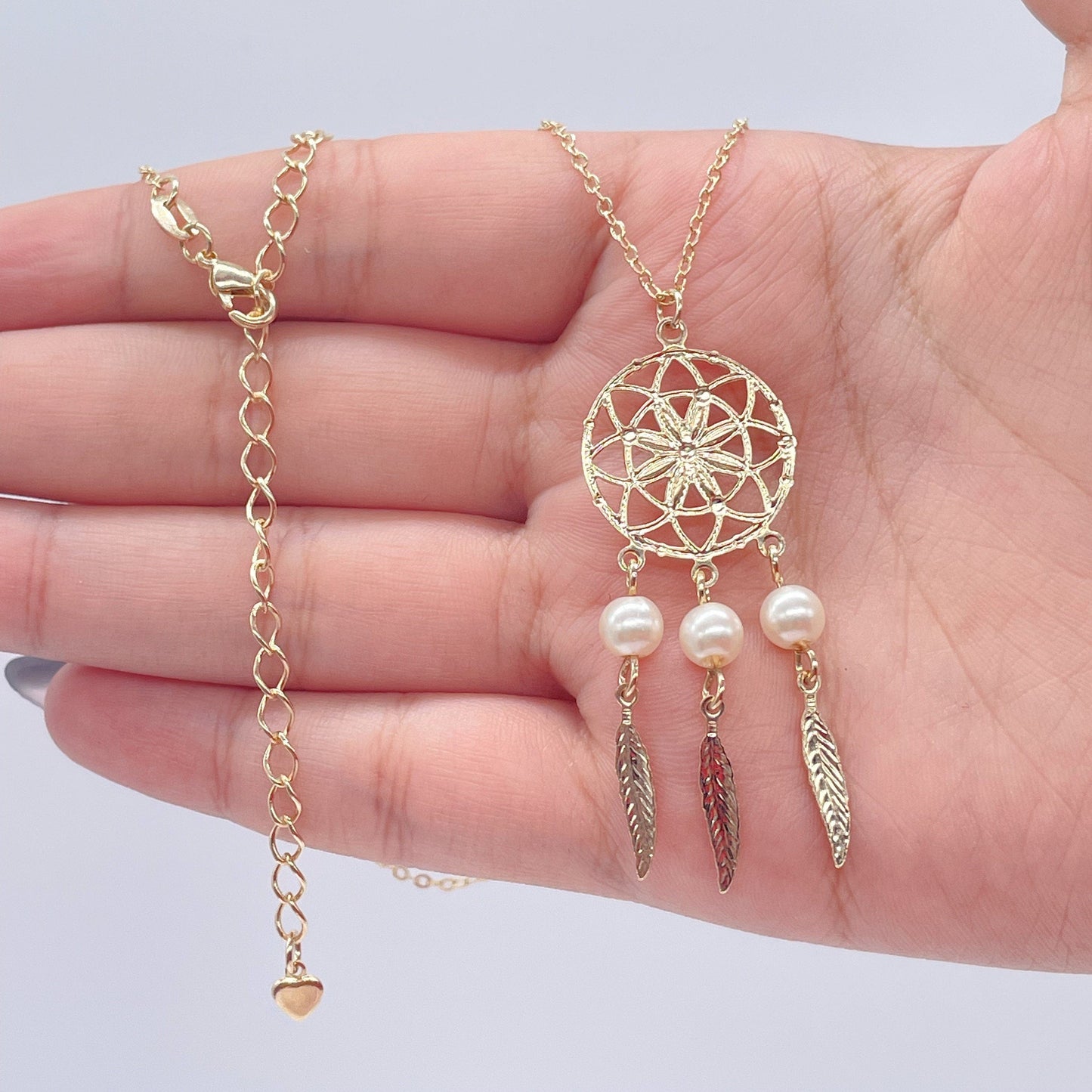 18k Gold Filled Dream Catcher Jewelry Set With Earrings And Necklace Featuring Pearls Details