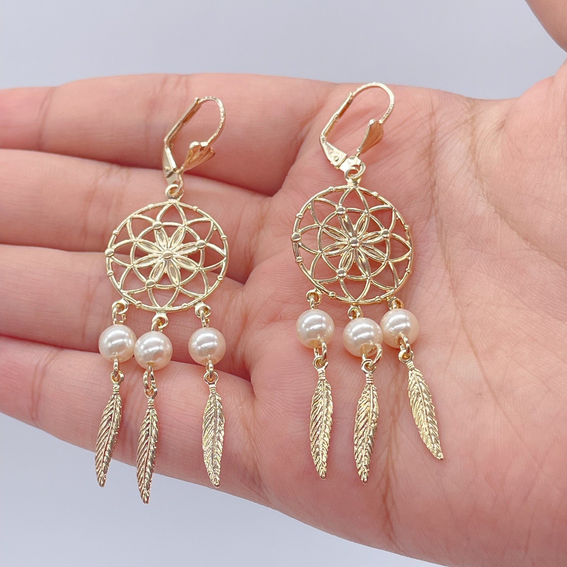 18k Gold Filled Dream Catcher Jewelry Set With Earrings And Necklace Featuring Pearls Details