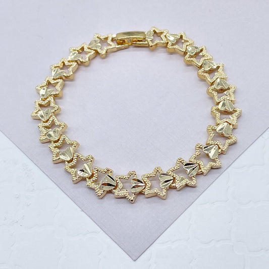 18k Gold Filled Hallowed Star and Attached Heart Engraved Pattern Bracelet Jewelry