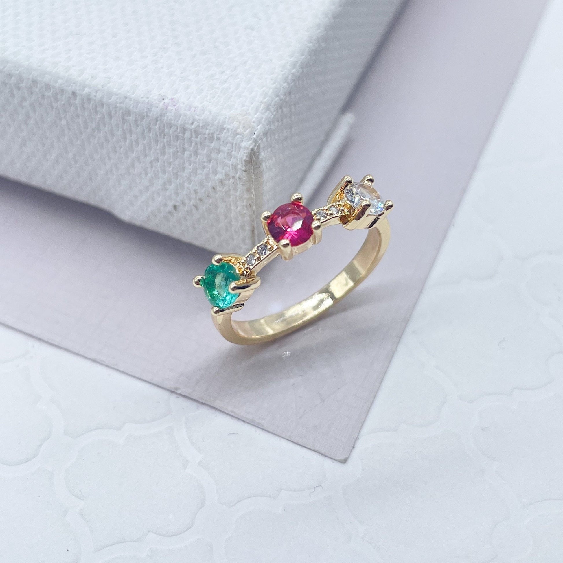 18k Gold Filled Pink, Crystal and Green Color Cubic Zirconia Stones Ring featuring Eternity Style Cubic Zirconia