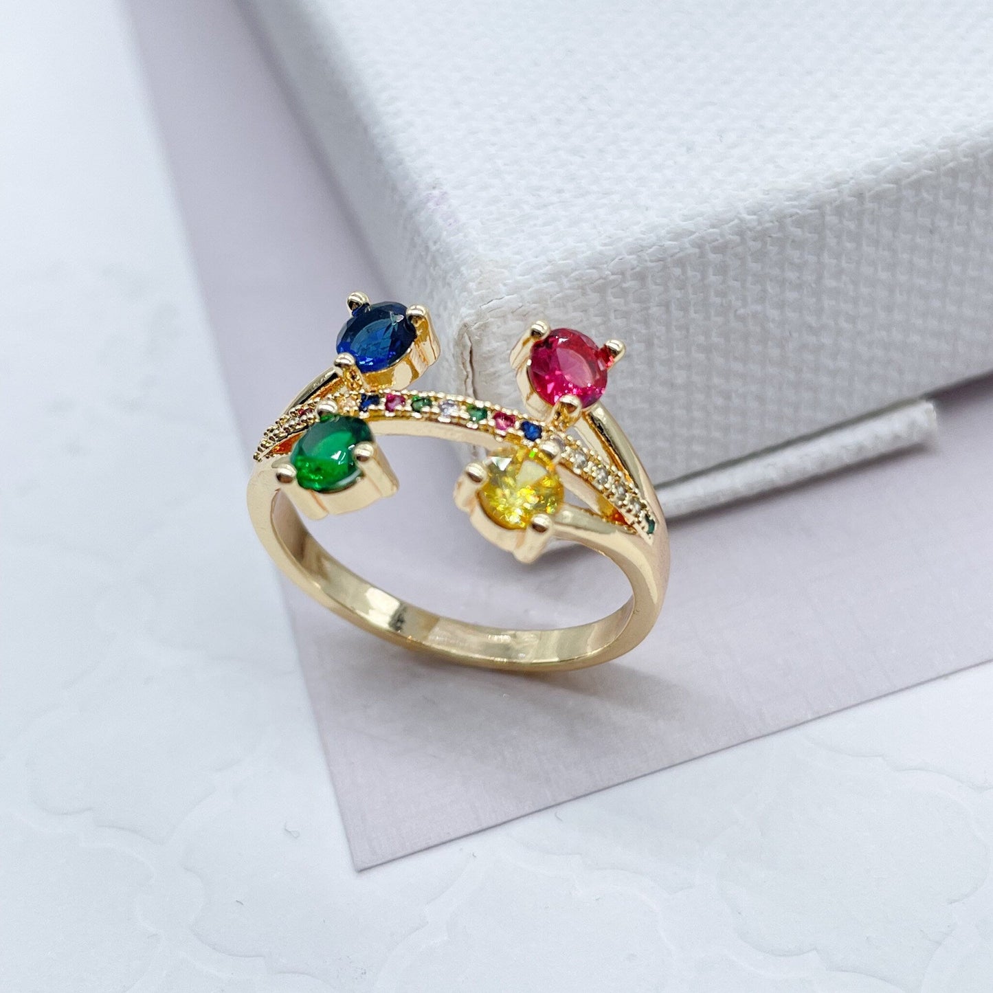 18k Gold Filled Pink, Blue, Yellow and Green Color Cubic Zirconia Stones Ring Featuring Multicolor Micro Pave