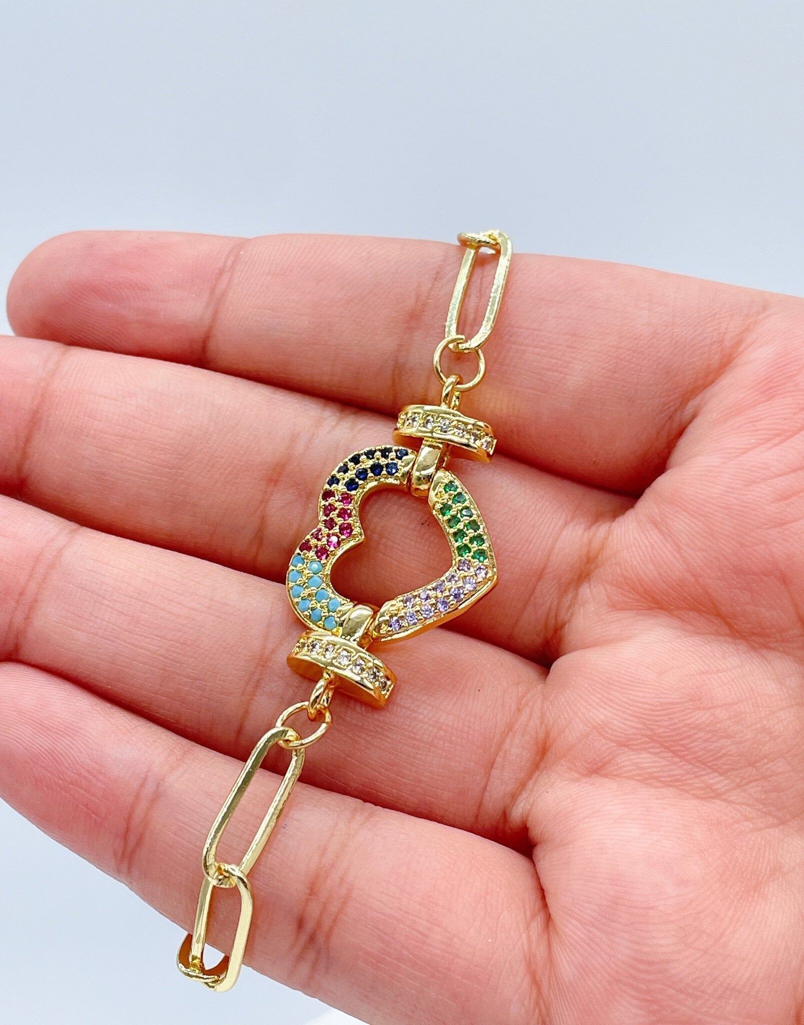18k Gold Filled Paper Clip Link Bracelet Featuring Micro Pave Cubic Zirconia Heart Charm With CZ Connectors Jewelry
