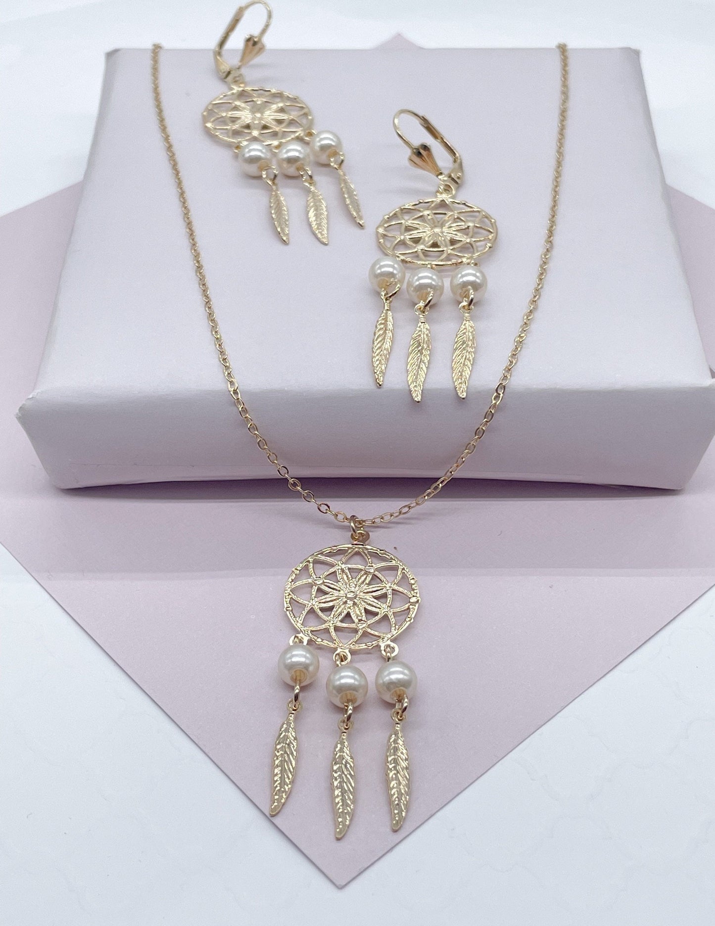 18k Gold Filled Dream Catcher Jewelry Set With Earrings And Necklace Featuring Pearls Details
