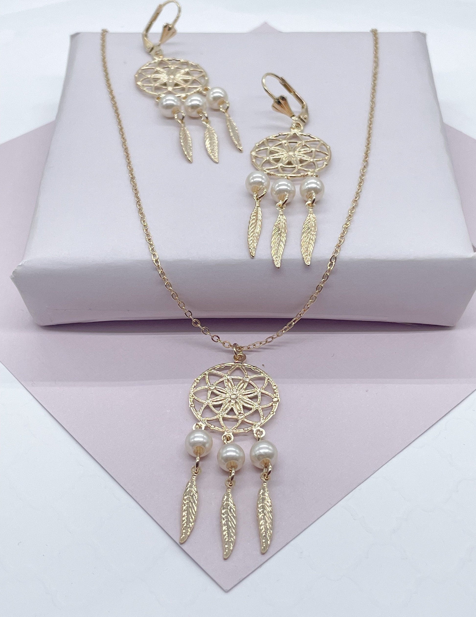 18k Gold Filled Dream Catcher Jewelry Set With Earrings And Necklace Featuring Pearls Details