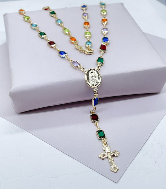 Trendy 18k Gold Filled Rosary Featuring Multi Colored Acrylic And Gold Crucifix Cross