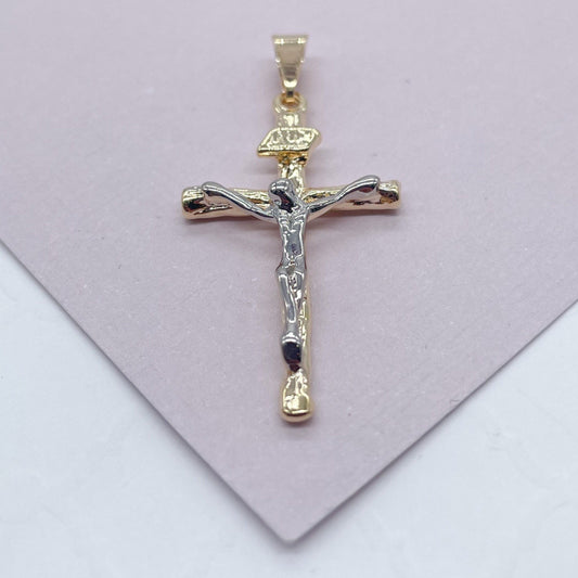 18k Gold Filled Two Tone Crucifix Cross Featuring Image of Jesus Christ in Silver Filled Supplies