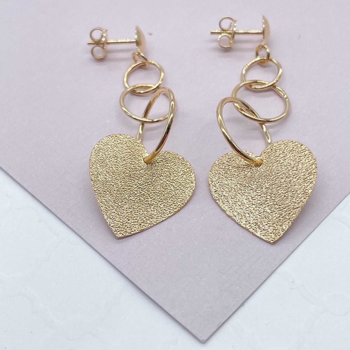 18k Gold Filled Rough Matte Flat Heart Dangling Earrings Wholesale Jewelry