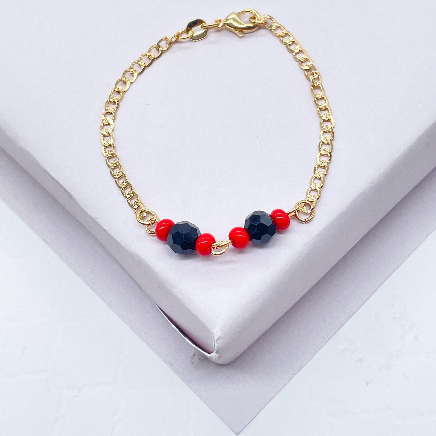 18k Gold Layered Cuban Link Simulated Azabache Stone Children's Bracelet,