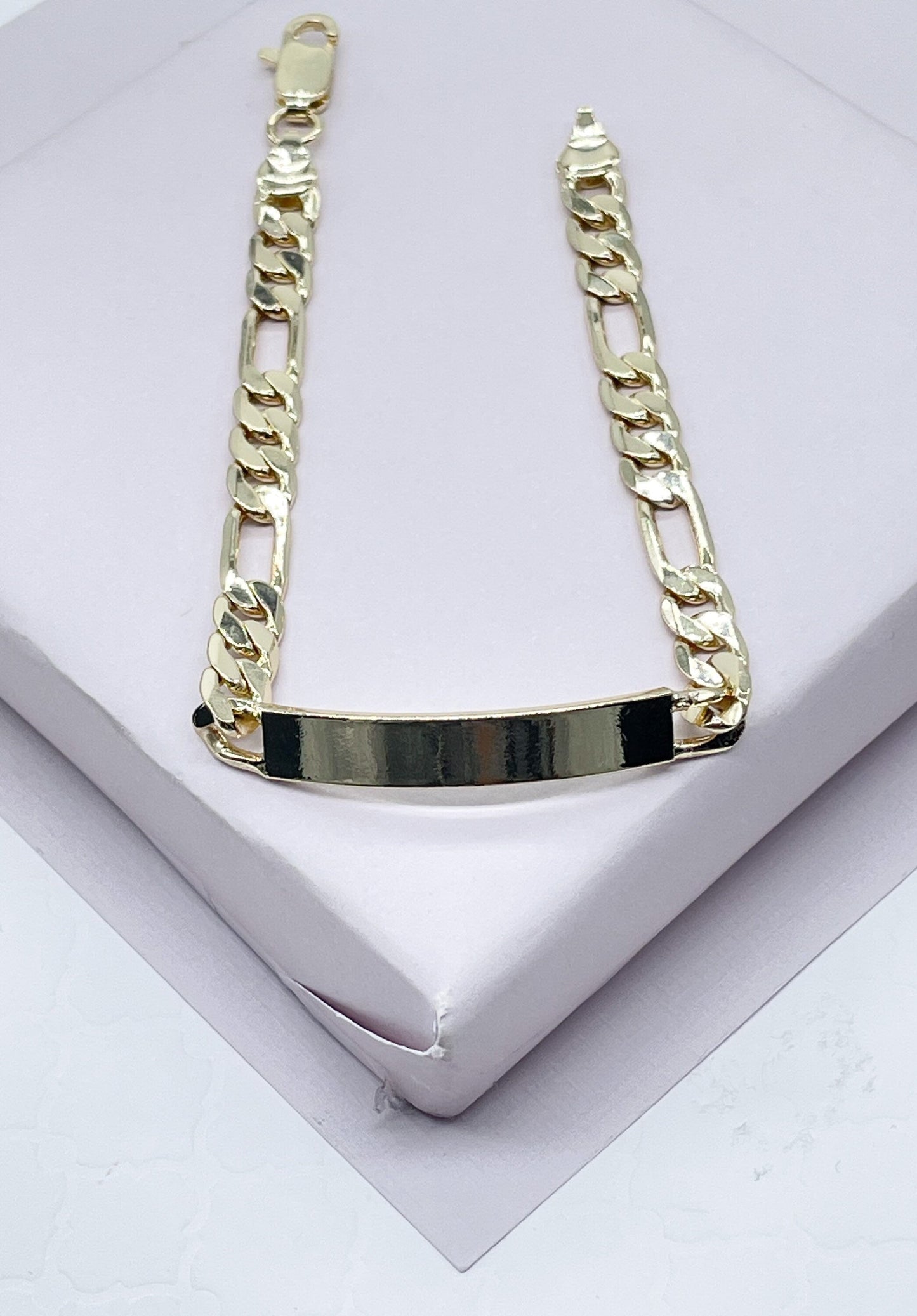 18k Gold Layered Figaro Link ID Children’s Bracelet, Bar Bracelet For Kids