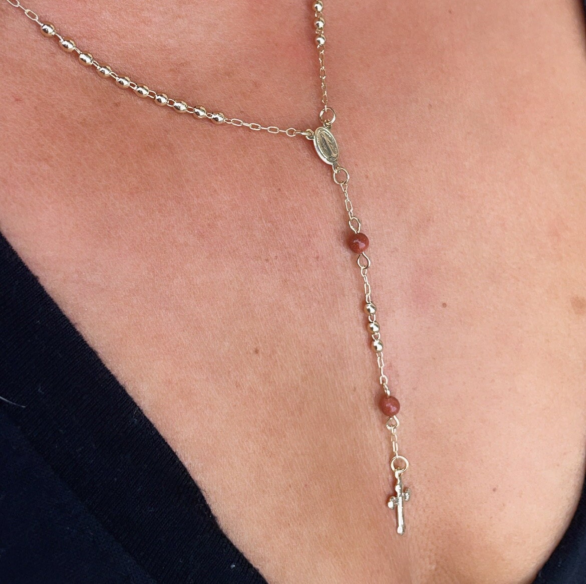 18k Gold Filled Beaded Rosary With Brown Aventurine Beads With Guadalupe And