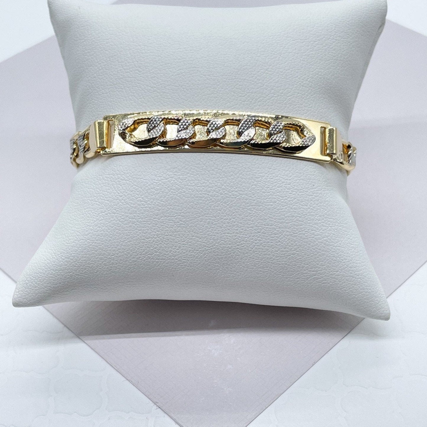 9mm 18k Gold Filled Two Tone Unisex ID Bracelet Featuring Curb Chain Detail