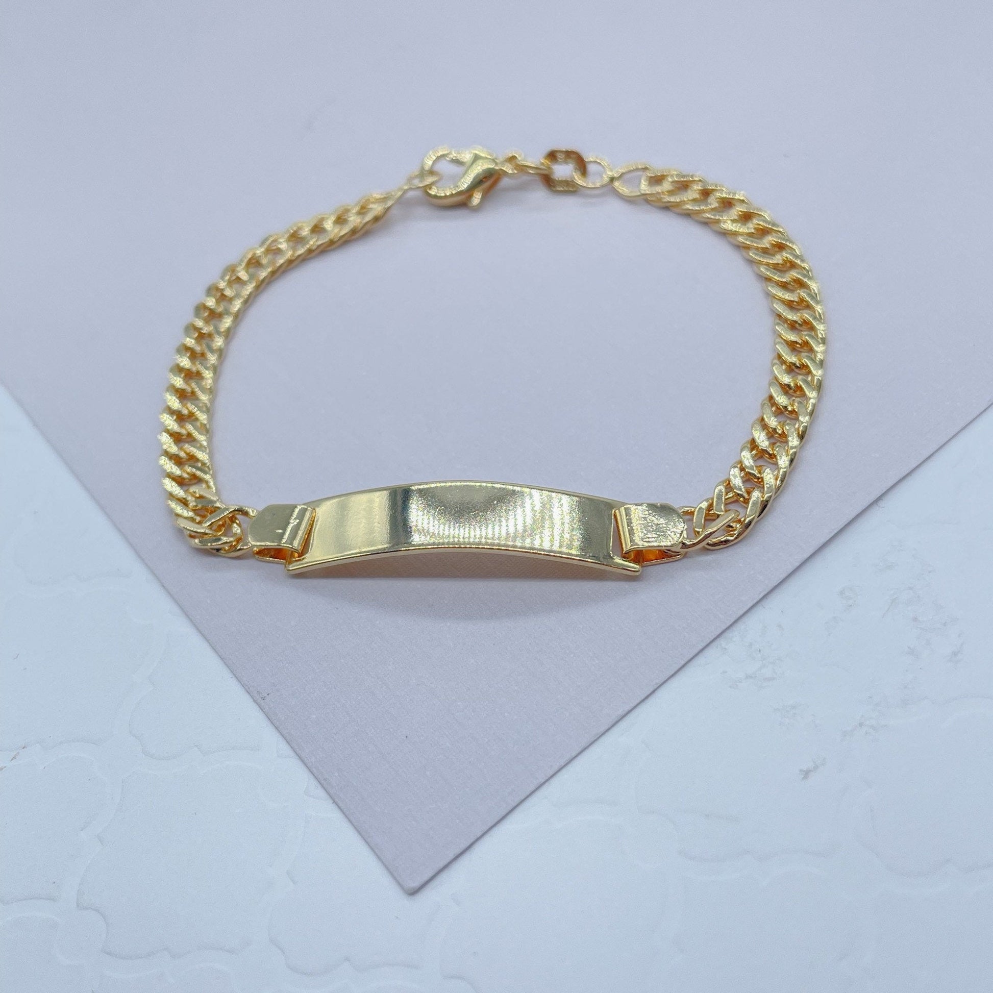 18k Gold Filled Cuban Link ID Children’s Bracelet, Curb Chain Bar Bracelet For