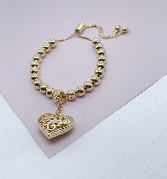 18k Gold Filled Beaded Bracelet With Patterned See Through Heart Featuring Fancy Bail And Slide Clasp