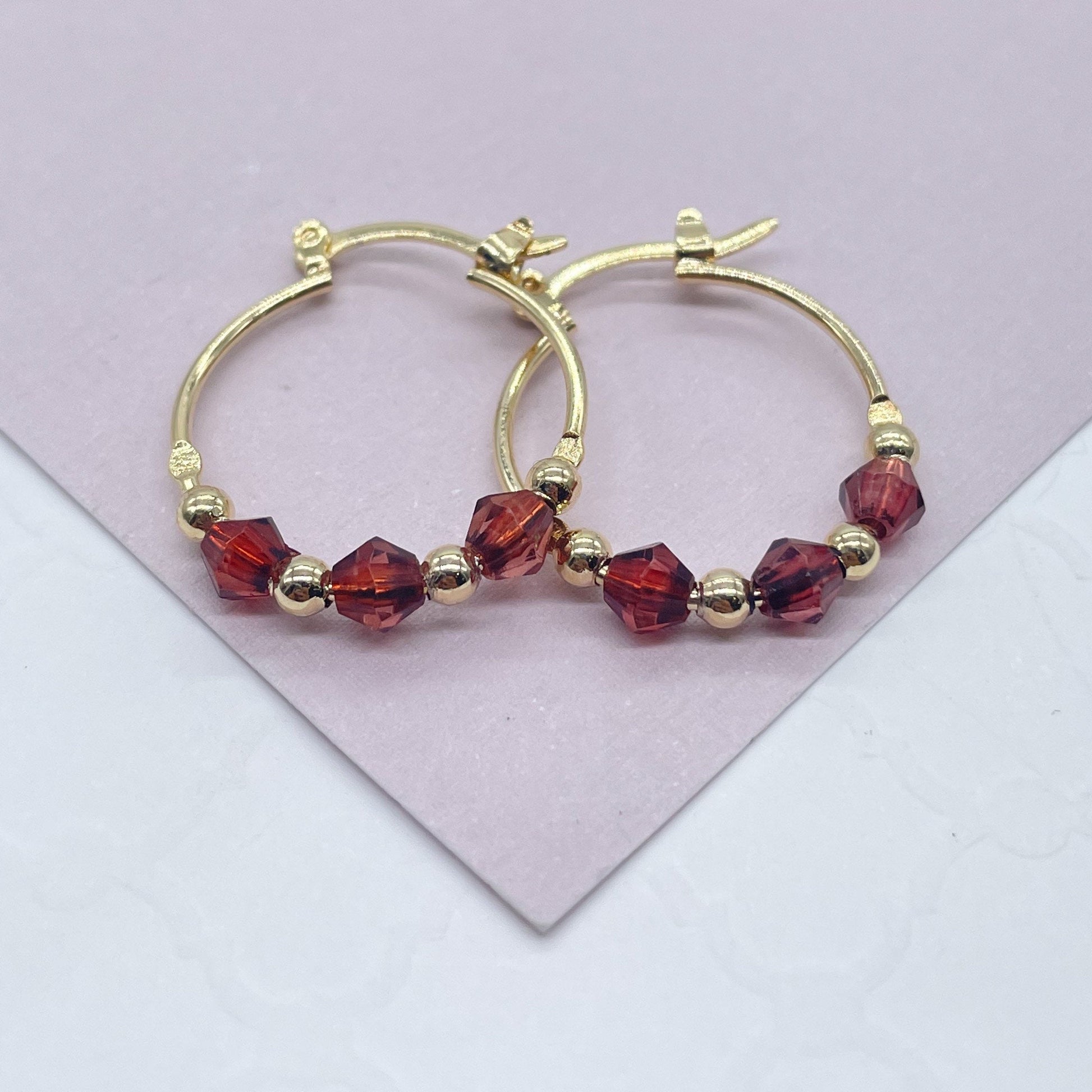 18k Gold Filled Thin Hoop Earrings With Diamond Shape Maroon Acrylic And Mini Gold Beads