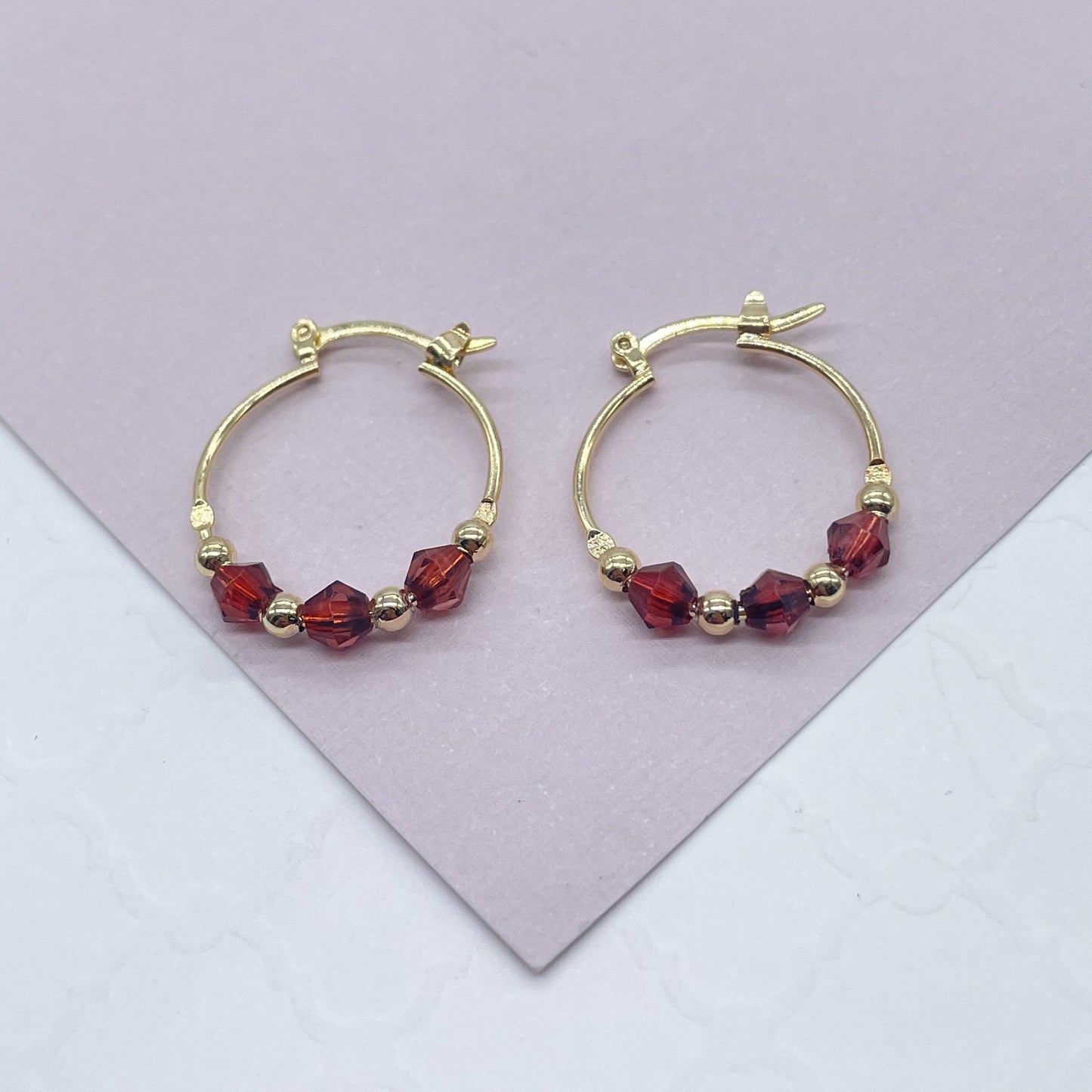 18k Gold Filled Thin Hoop Earrings With Diamond Shape Maroon Acrylic And Mini Gold Beads