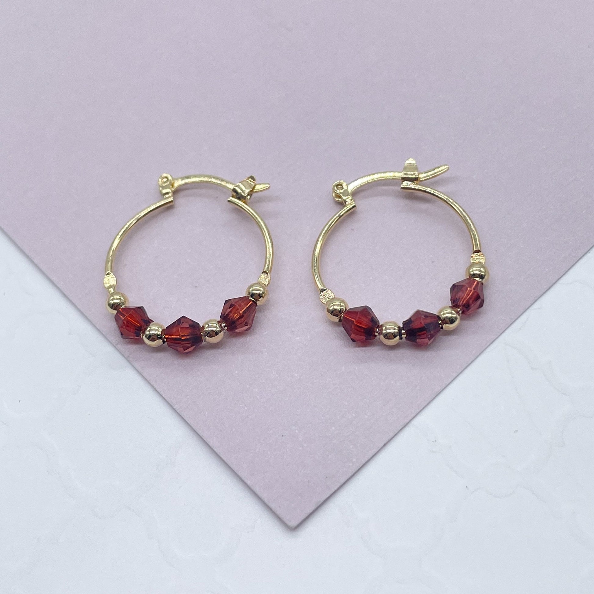 18k Gold Filled Thin Hoop Earrings With Diamond Shape Maroon Acrylic And Mini Gold Beads