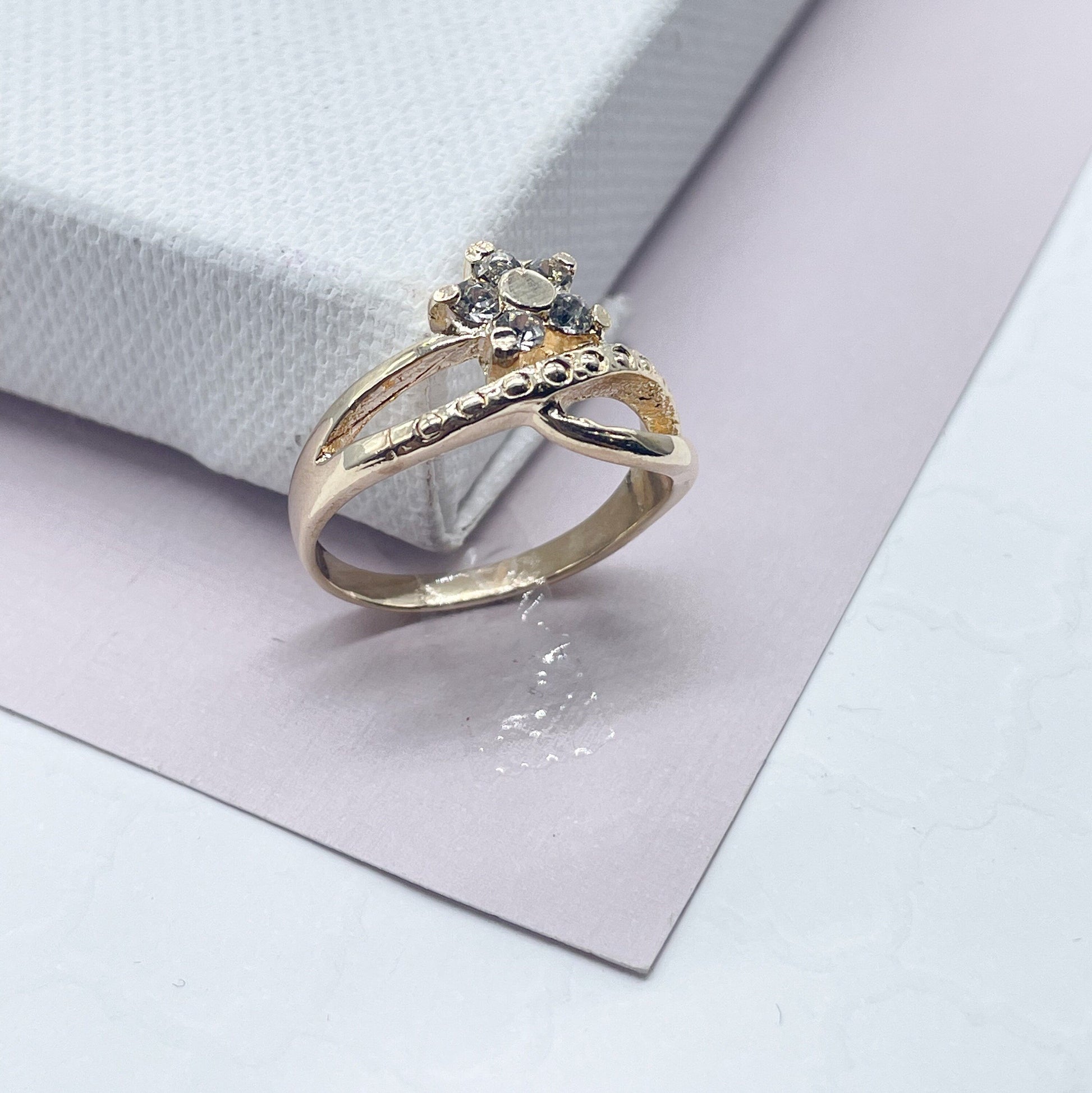 18k Gold Filled Ring With Accented Gold And Cubic Zirconia Stone Flower