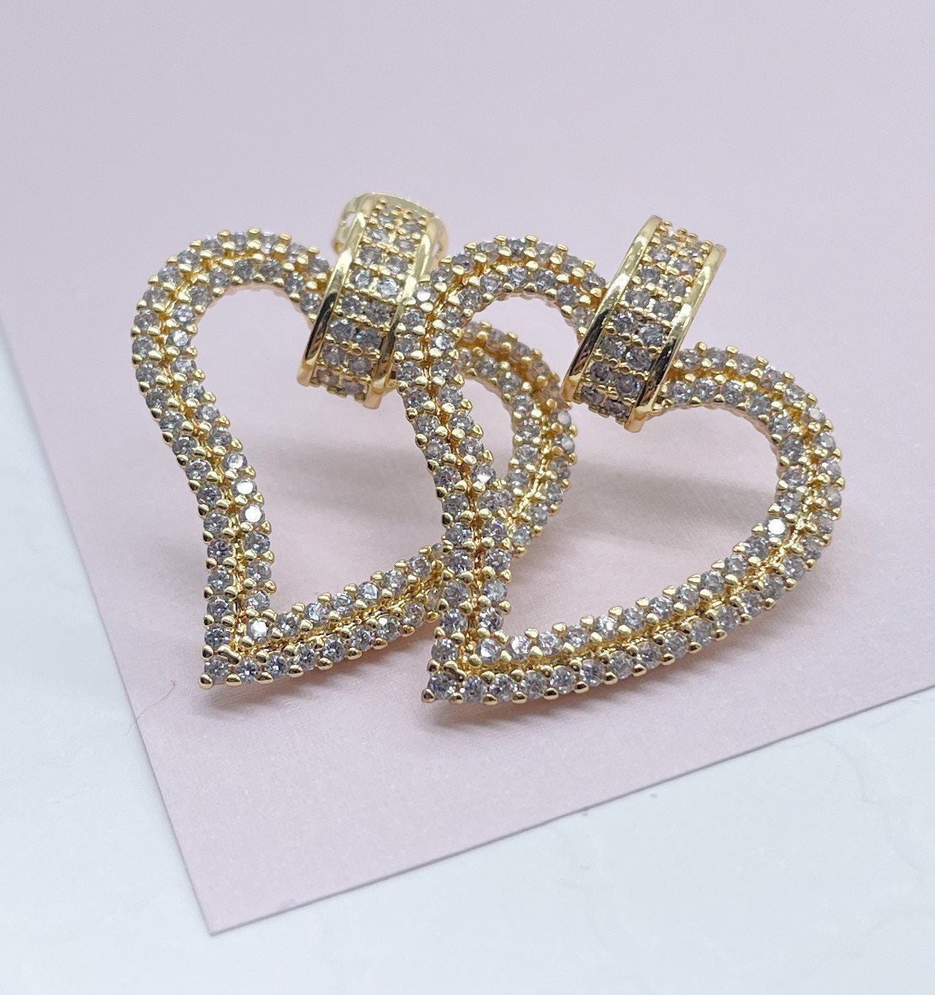 18k Gold Filled Micro Pave Cubic Zirconia Open Heart Earrings, Party Fancy Earrings Her, See Through Heart Earrings