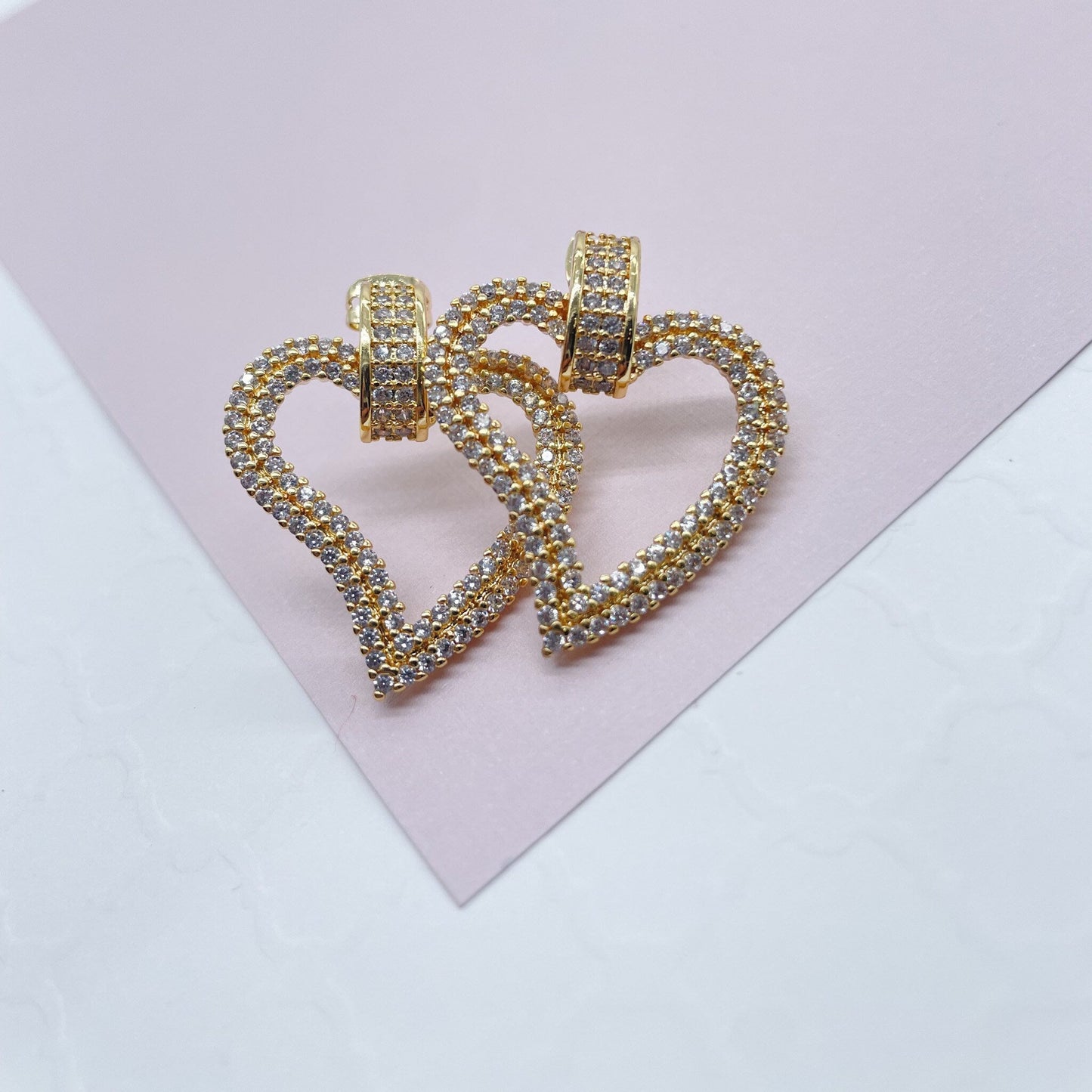 18k Gold Filled Micro Pave Cubic Zirconia Open Heart Earrings, Party Fancy Earrings Her, See Through Heart Earrings