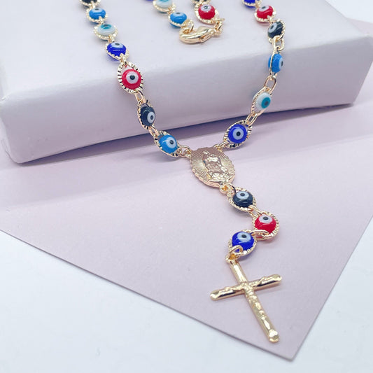 18k Gold Filled Evil Eye Rosary Necklace: Our Lady of Guadalupe, 24”