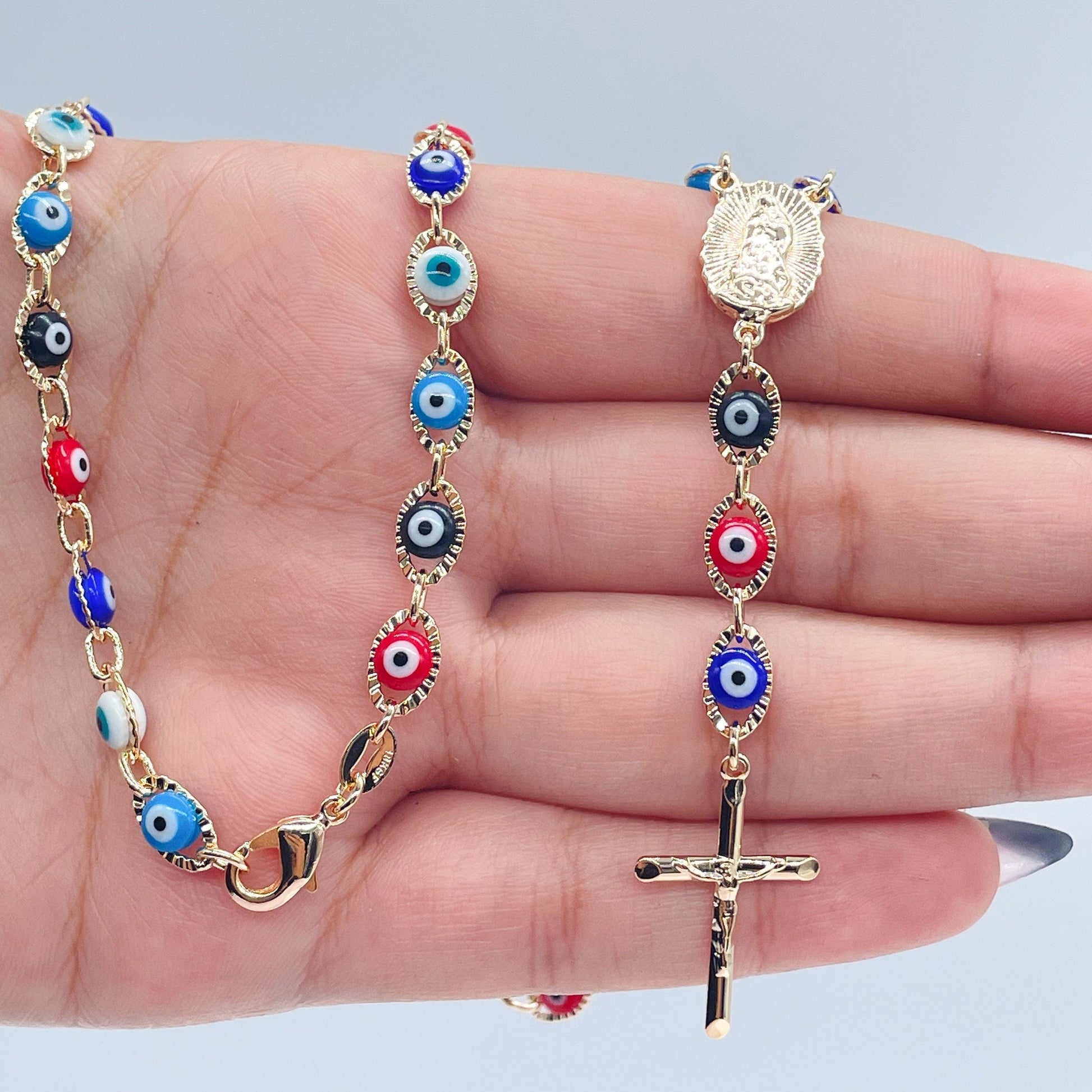 18k Gold Filled 24” long Colorful Evil Eye Rosary Style Necklace Featuring Our