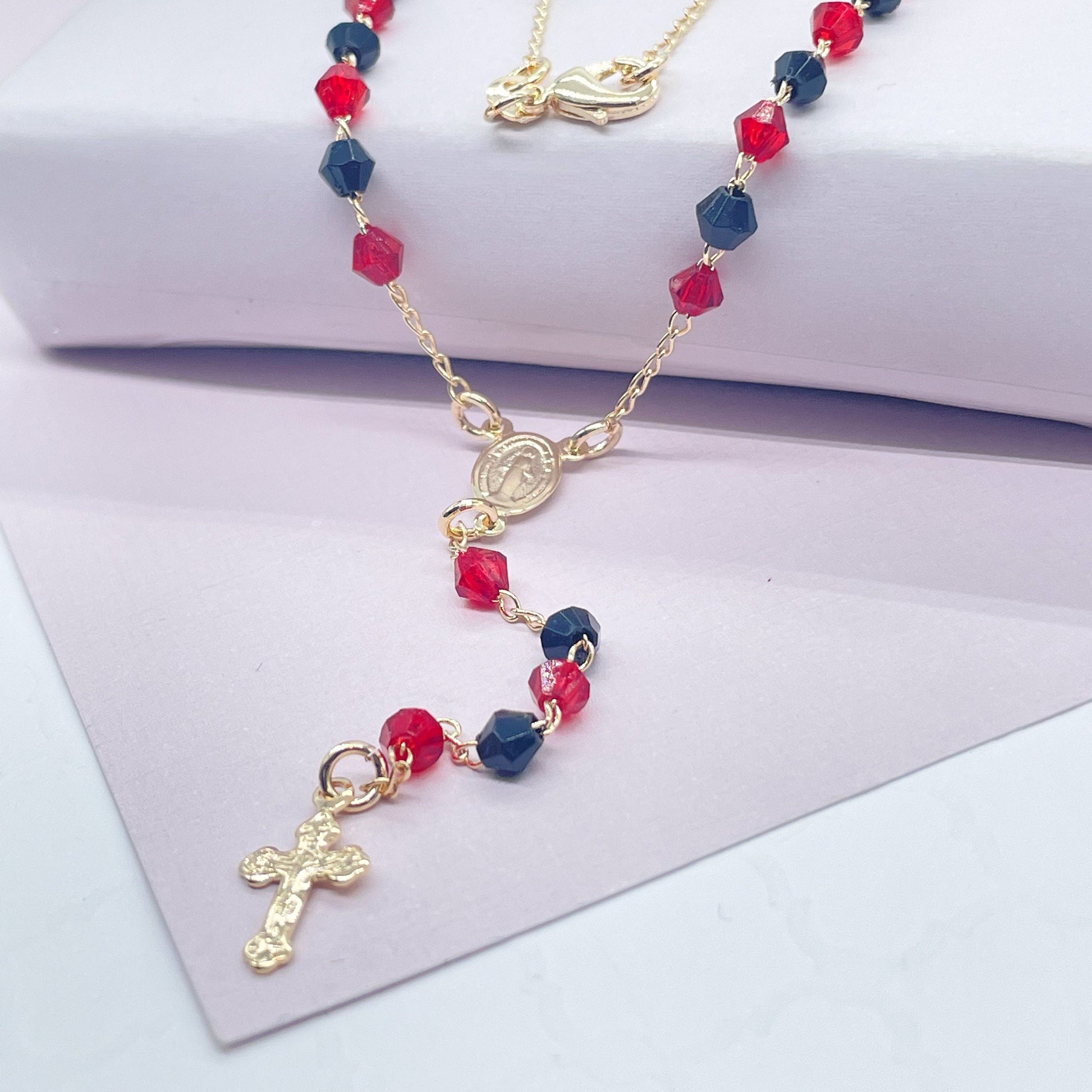 18k Gold Filled 20” long Black and Red Beaded Rosary Style Necklace