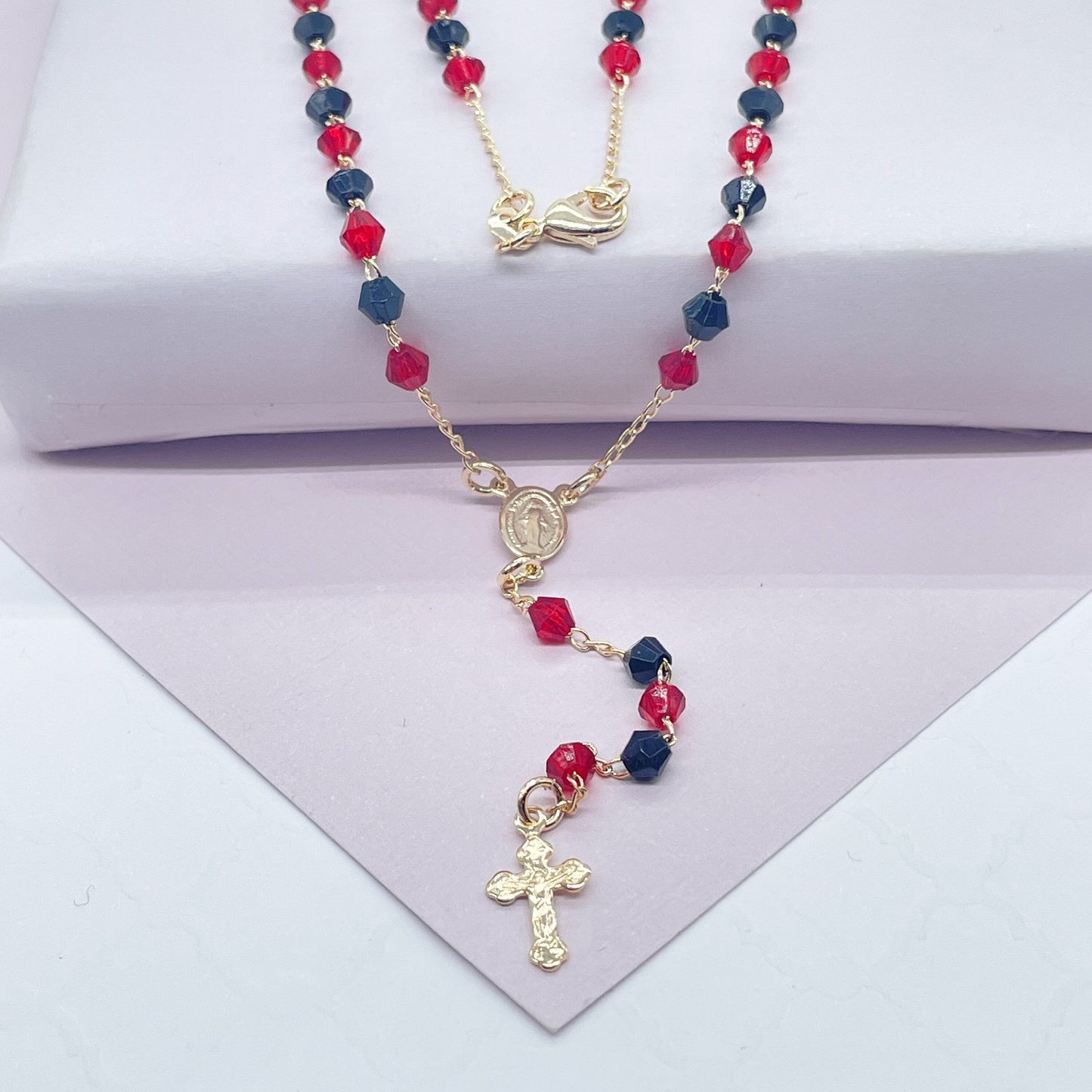 18k Gold Filled 20” long Black and Red Beaded Rosary Style Necklace