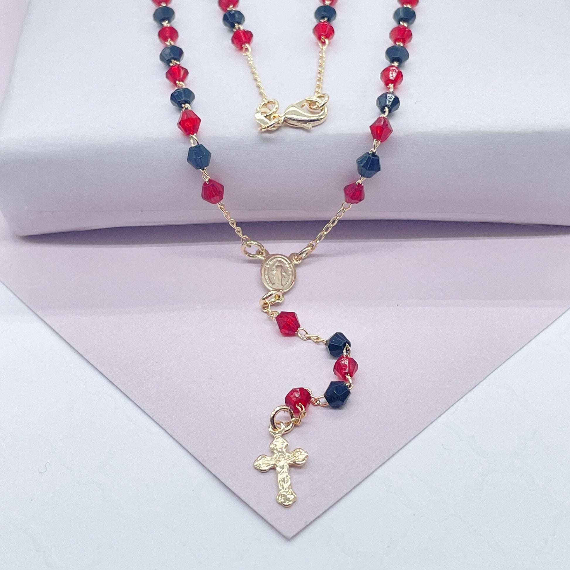 18k Gold Filled 20” long Black and Red Beaded Rosary Style Necklace