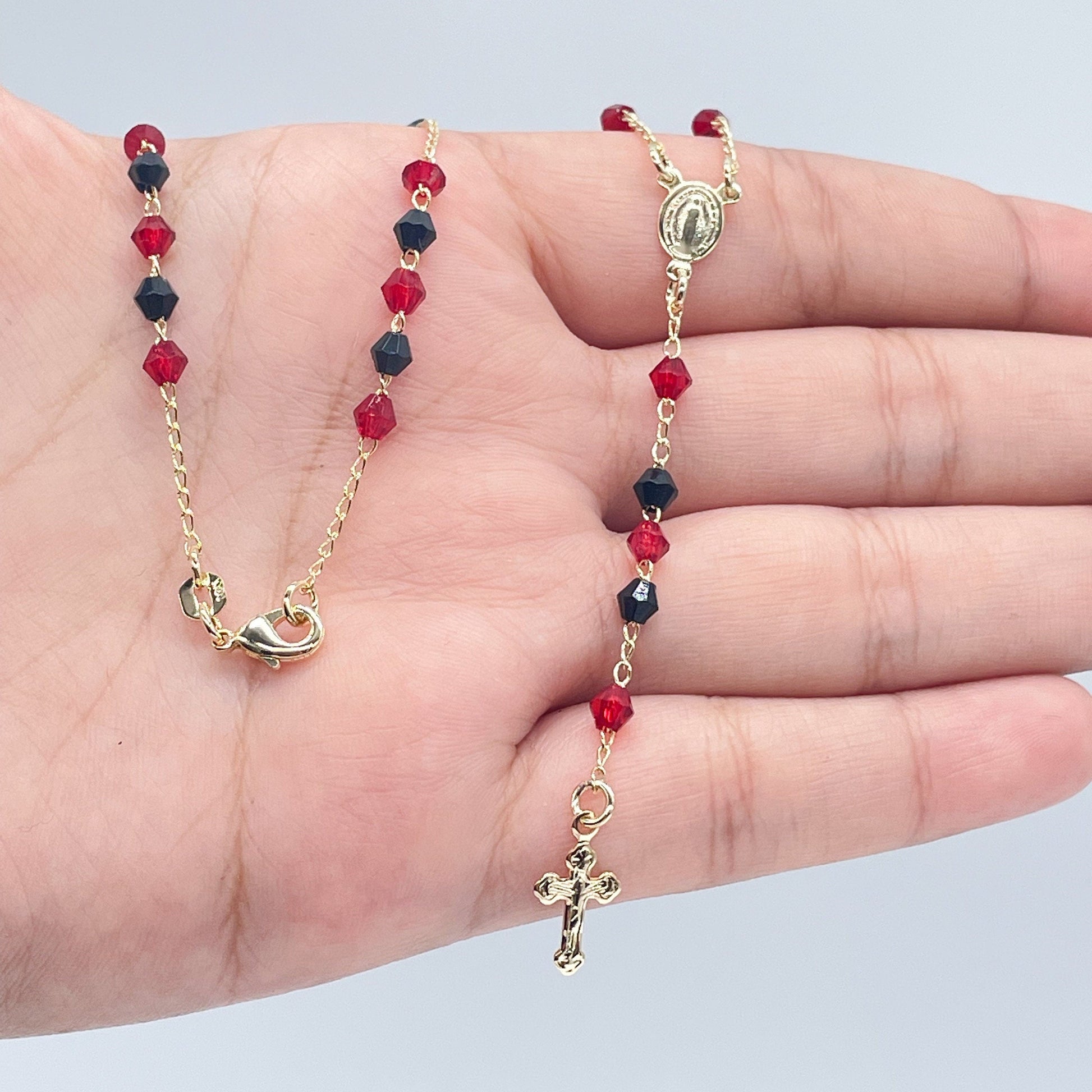 18k Gold Filled 20” long Black and Red Beaded Rosary Style Necklace