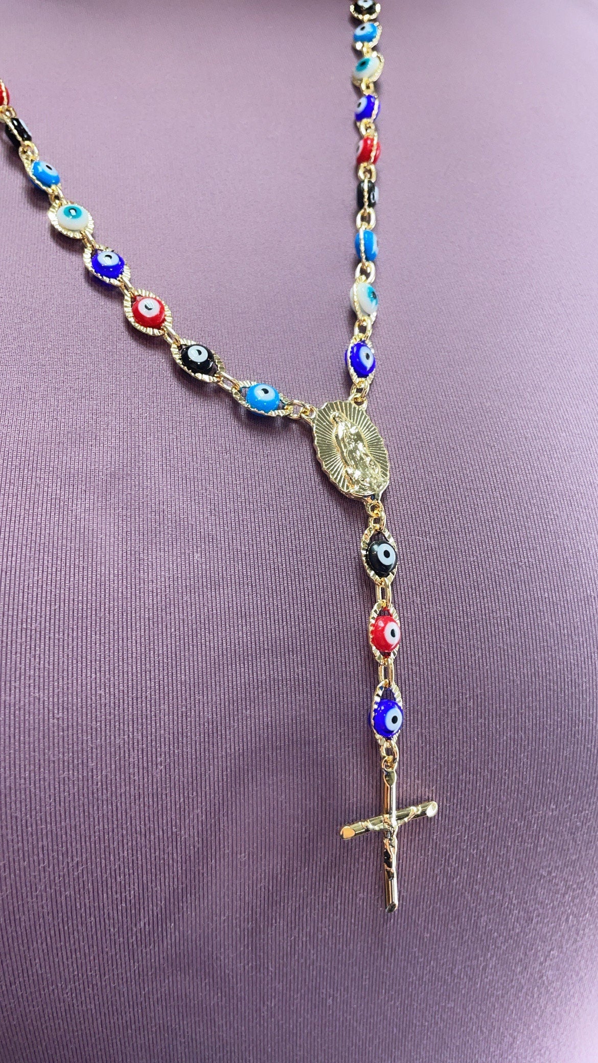 18k Gold Filled 24” long Colorful Evil Eye Rosary Style Necklace Featuring Our