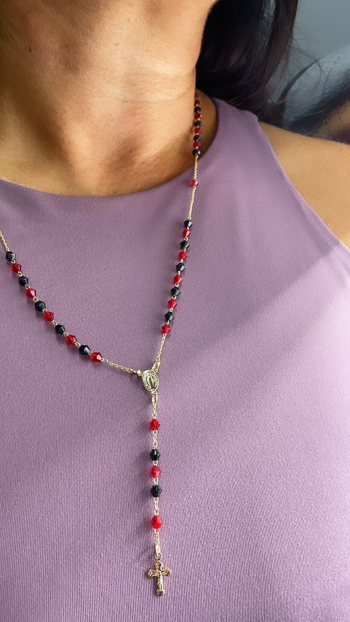 18k Gold Filled 20” long Black and Red Beaded Rosary Style Necklace