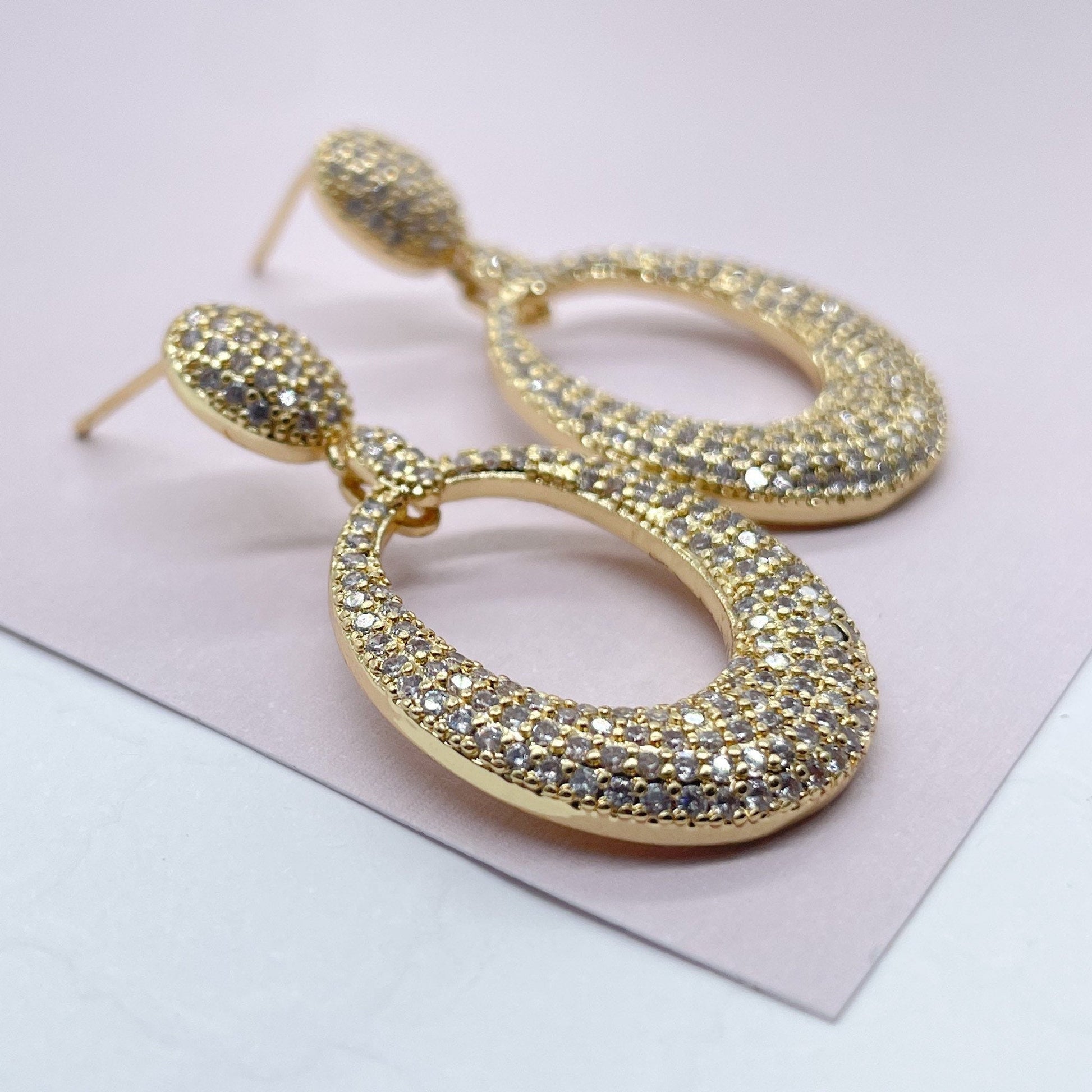 18k Gold Filled Micro Pave Cubic Zirconia Oval Dangling Party Earrings