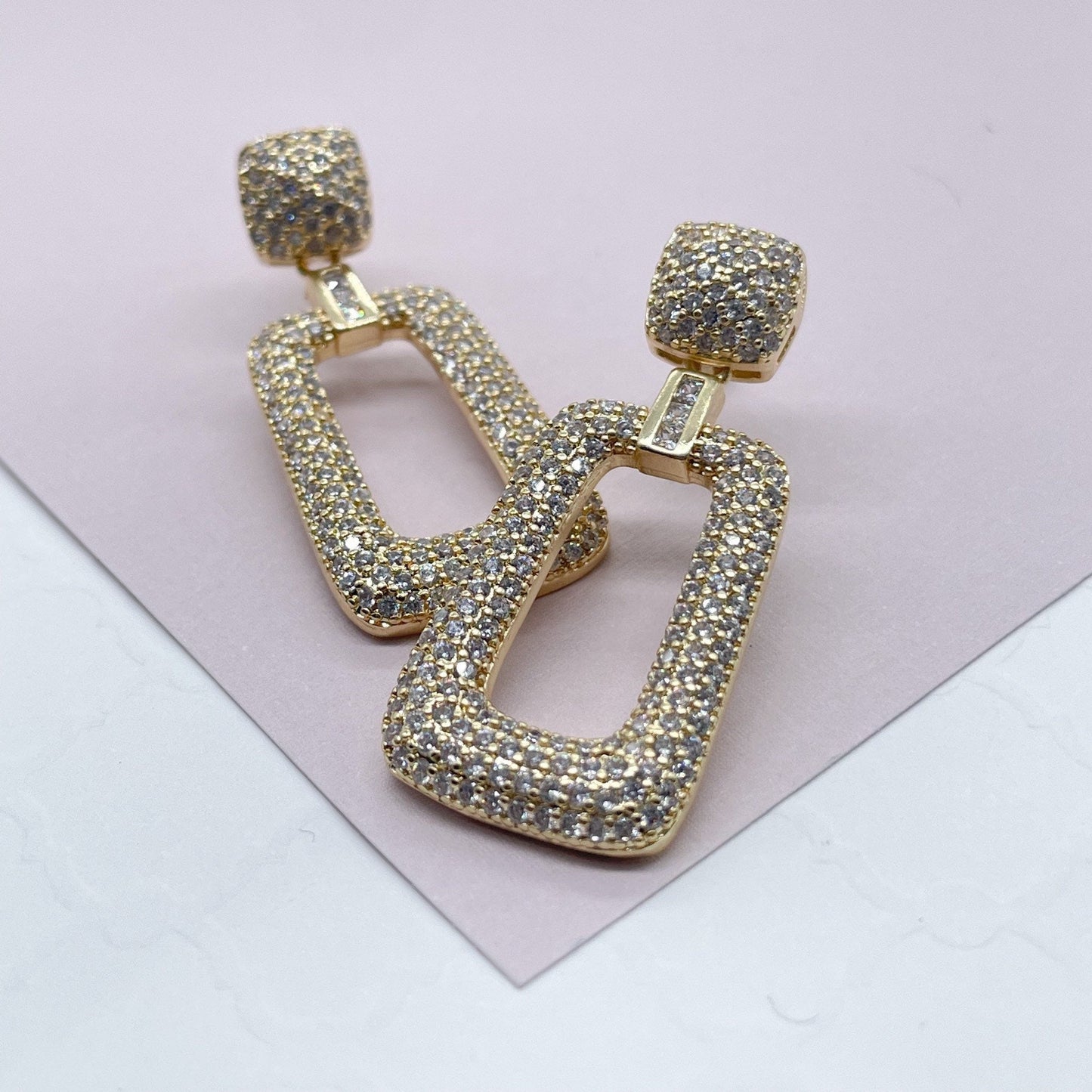 18K Gold Filled Square Micro Pave Cubic Zicornia Dangling Party Earrings