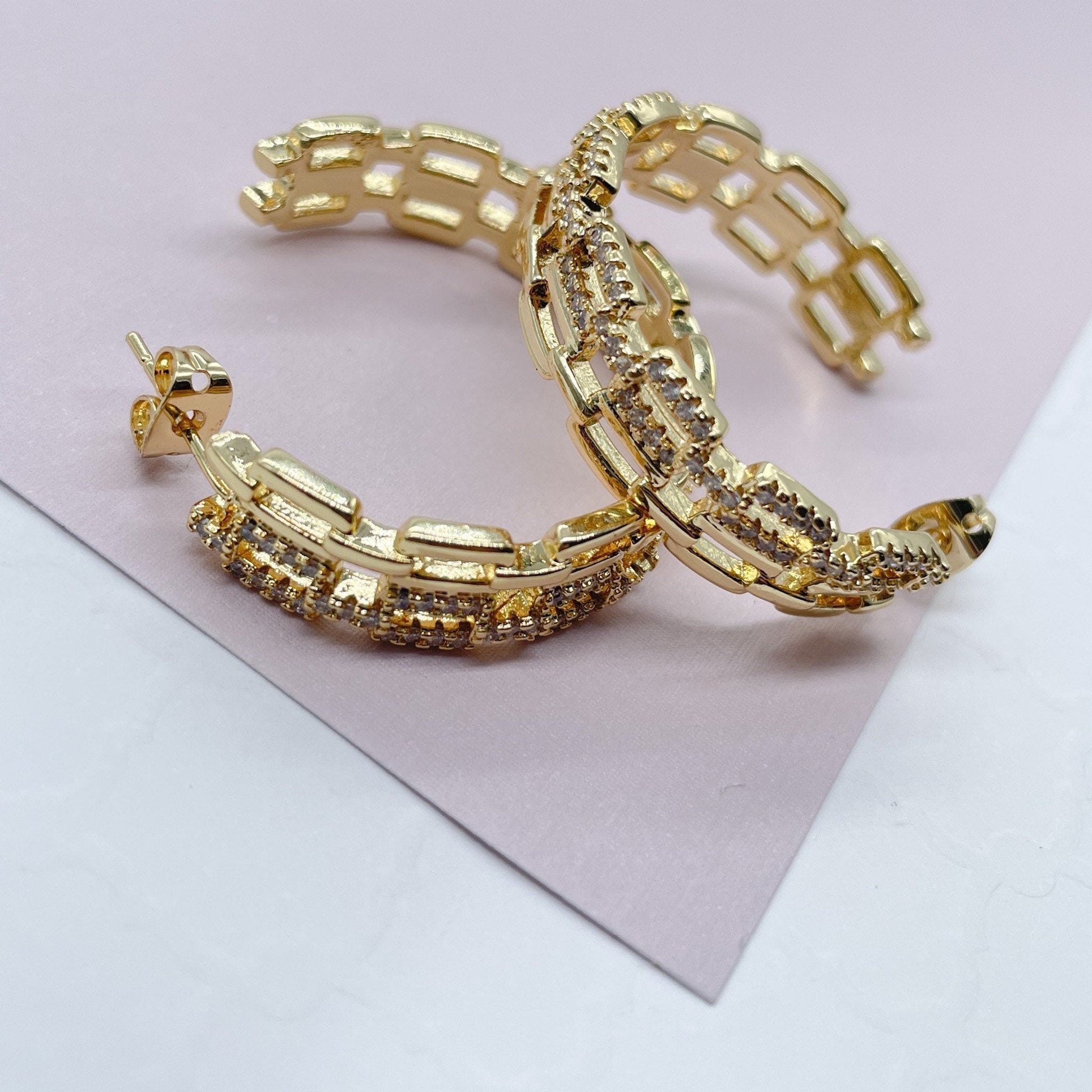 18k Gold Filled Chain Link Hoop Earrings Featuring Cubic Zirconia, Dainty Curb
